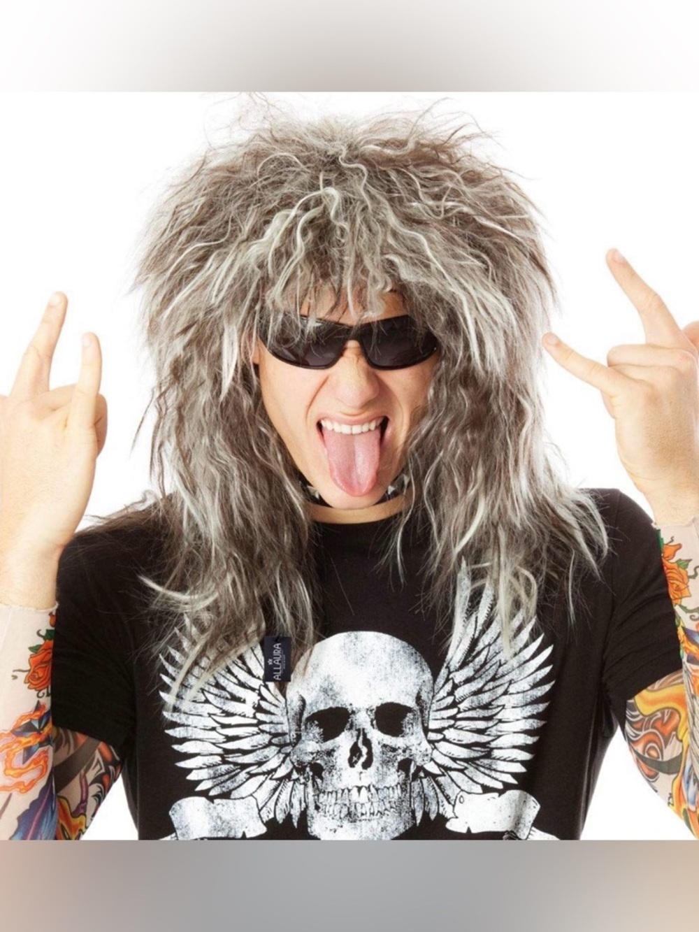 NEW! 70s 80s Rocker Wigs + Tattoo Sleeves Costume Set